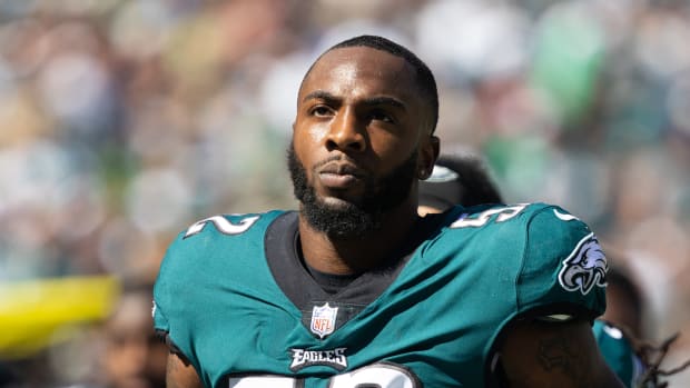 Sep 19, 2021; Philadelphia, Pennsylvania, USA; Philadelphia Eagles linebacker Davion Taylor (52) in a game against the San Francisco 49ers at Lincoln Financial Field. Mandatory Credit: Bill Streicher-USA TODAY Sports  